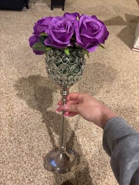 Silver vase with artificial purple roses (can be removed) EUC